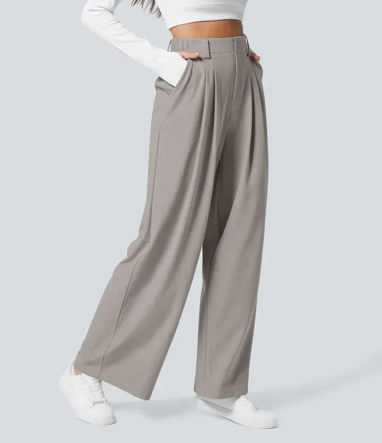 Women's stretch trousers, black, smooth fabric, tailored fit, flexible style, ideal for casual to formal outfits.