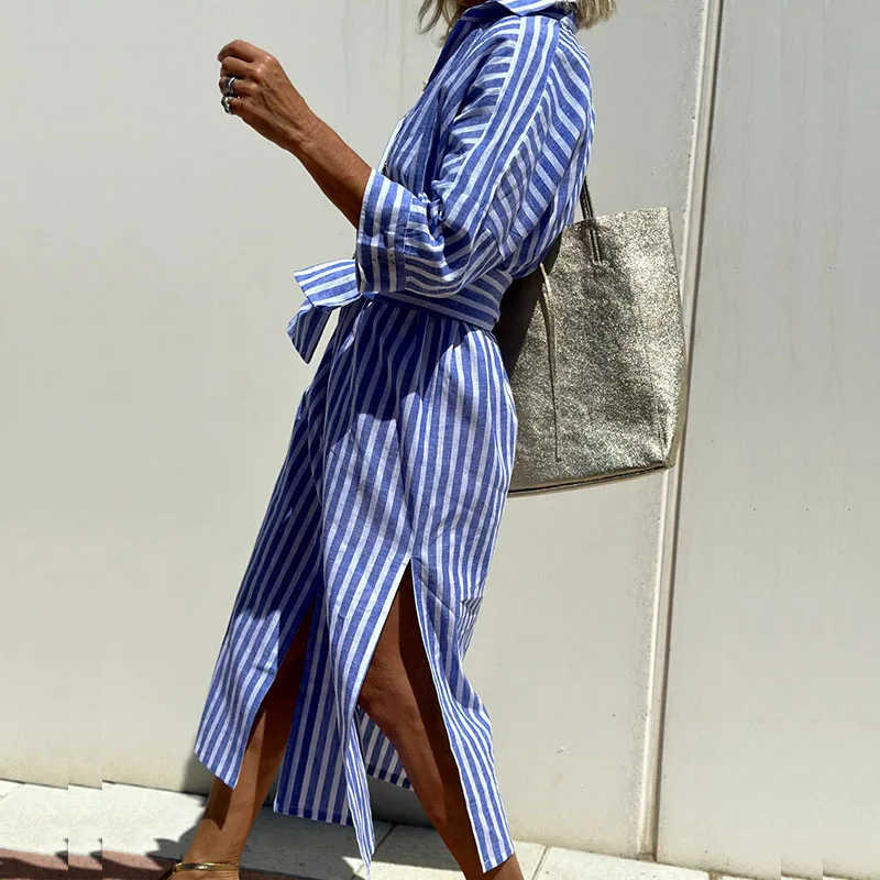 "Women's striped linen shirt dress, relaxed fit, front view, showcasing button-down design with breathable fabric and elegant