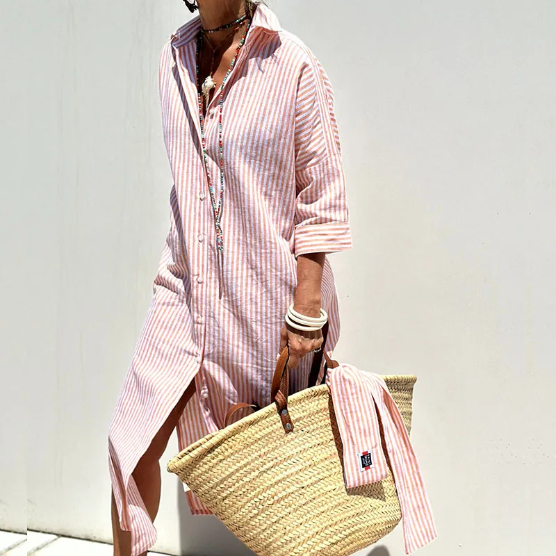 "Women's striped linen shirt dress, relaxed fit, front view, showcasing button-down design with breathable fabric and elegant