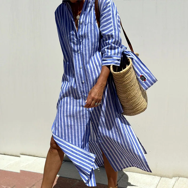"Women's striped linen shirt dress, relaxed fit, front view, showcasing button-down design with breathable fabric and elegant
