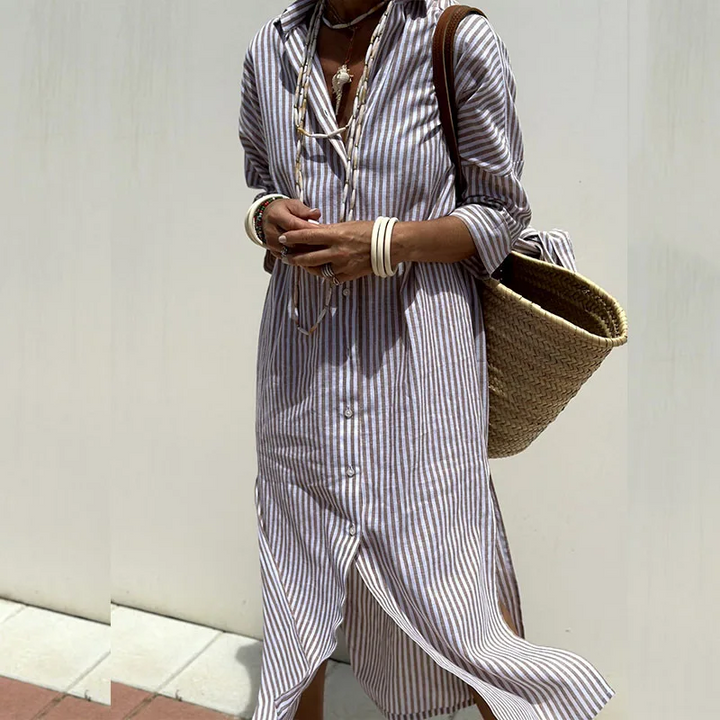 "Women's striped linen shirt dress, relaxed fit, front view, showcasing button-down design with breathable fabric and elegant