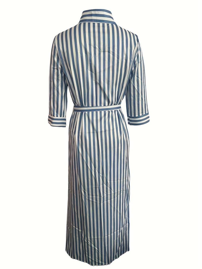 Women's striped maxi V-neck dress with tie waist, three-quarter sleeves, and button-down design for a stylish look.