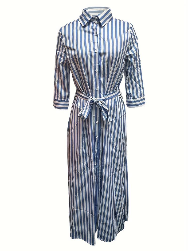 Women's striped maxi V-neck dress with tie waist, three-quarter sleeves, and button-down design for a stylish look.