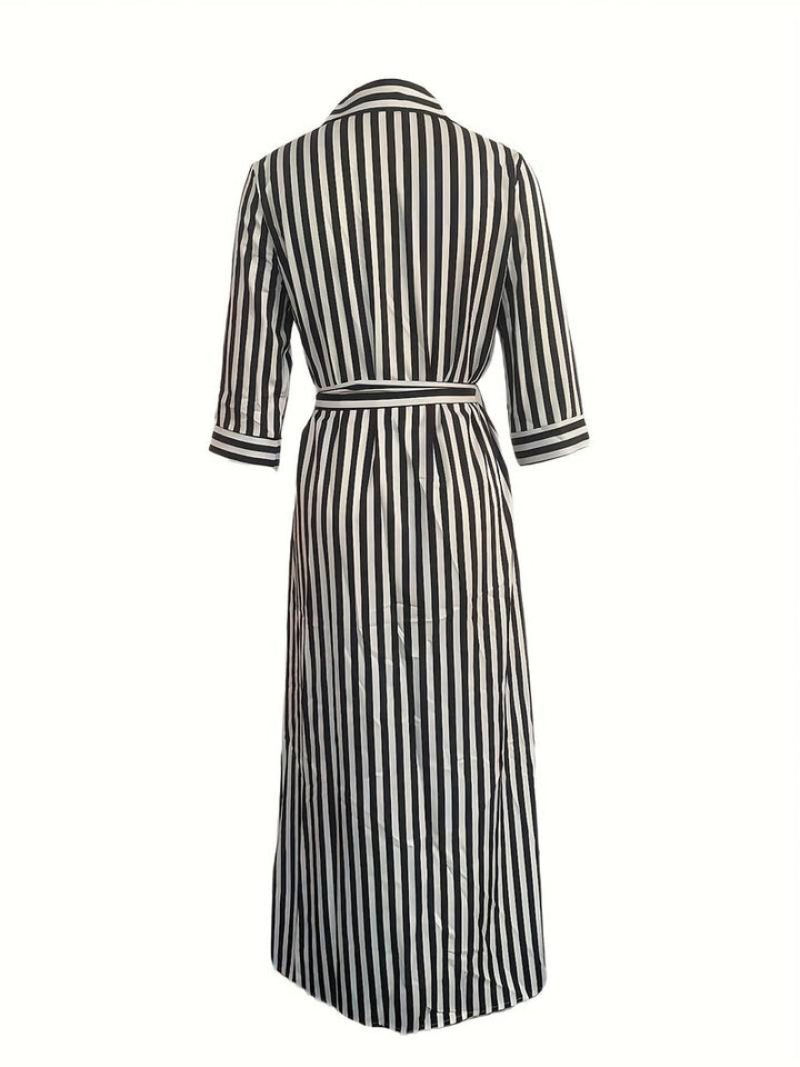 Women's striped maxi V-neck dress with tie waist, three-quarter sleeves, and button-down design for a stylish look.