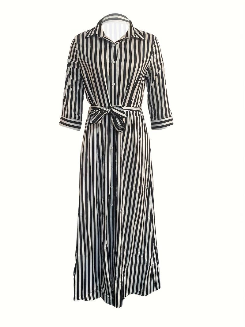 Women's striped maxi V-neck dress with tie waist, three-quarter sleeves, and button-down design for a stylish look.