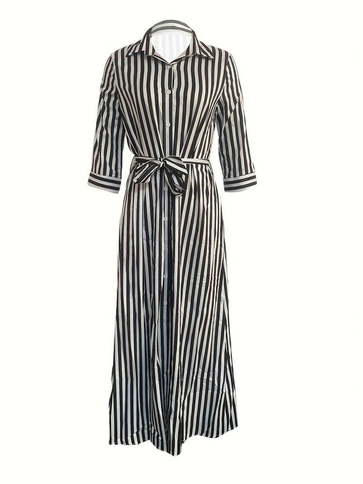 Women's striped maxi V-neck dress with tie waist, three-quarter sleeves, and button-down design for a stylish look.