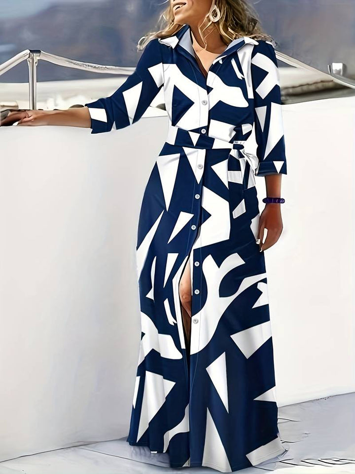 Women's striped maxi V-neck dress with tie waist, three-quarter sleeves, and button-down design for a stylish look.