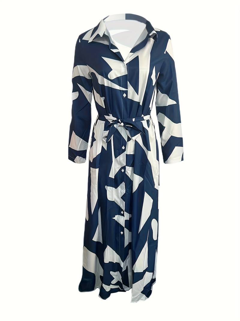 Women's striped maxi V-neck dress with tie waist, three-quarter sleeves, and button-down design for a stylish look.