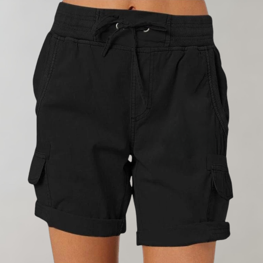 Women's stylish cargo shorts in Army Green with elastic waistband, multiple pockets; perfect for casual and outdoor activitie