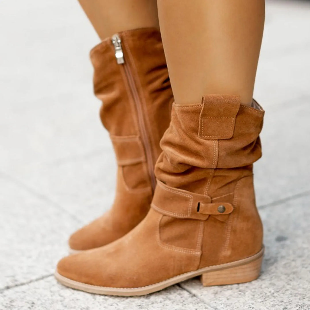"Women's suede slouchy ankle boots with low heel, beige, side view, chic and comfortable, perfect for any outfit."