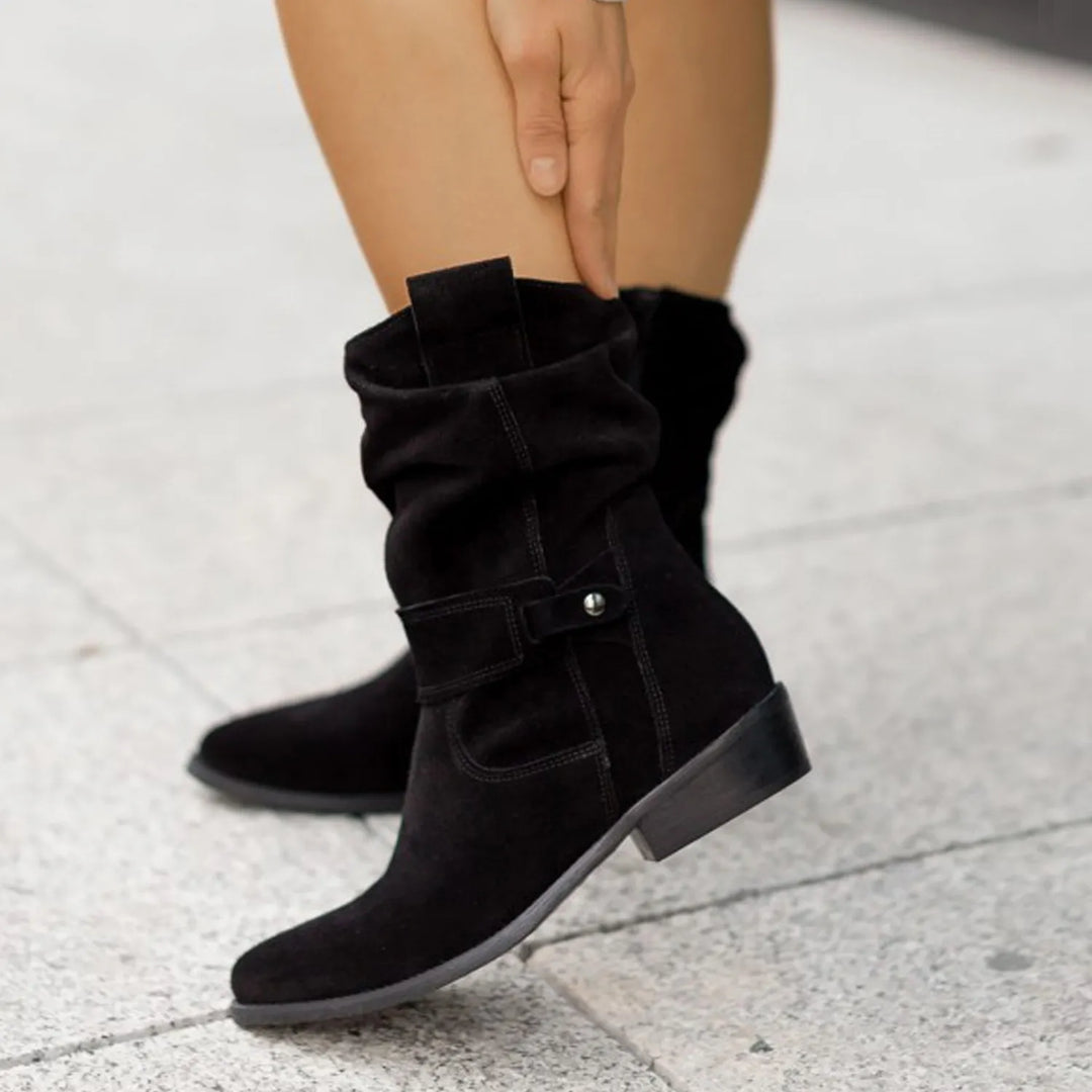 "Women's suede slouchy ankle boots with low heel, beige, side view, chic and comfortable, perfect for any outfit."