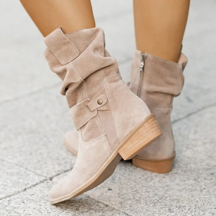 "Women's suede slouchy ankle boots with low heel, beige, side view, chic and comfortable, perfect for any outfit."