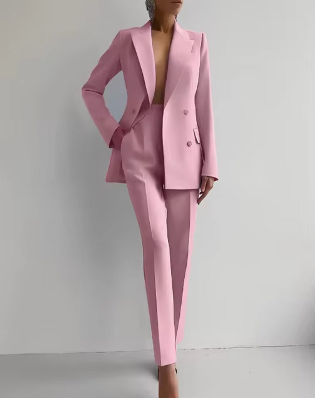 Women's tailored blazer pantsuit, full front view, sleek design with premium fit, ideal for business meetings and formal even