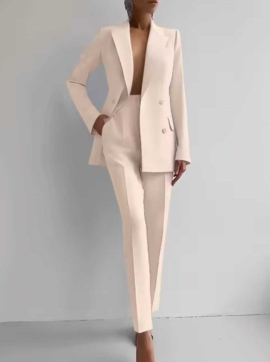 Women's tailored blazer pantsuit, full front view, sleek design with premium fit, ideal for business meetings and formal even