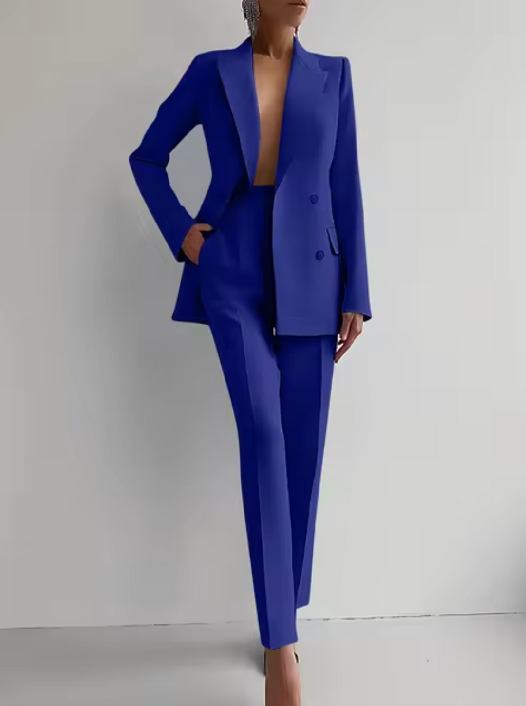 Women's tailored blazer pantsuit, full front view, sleek design with premium fit, ideal for business meetings and formal even