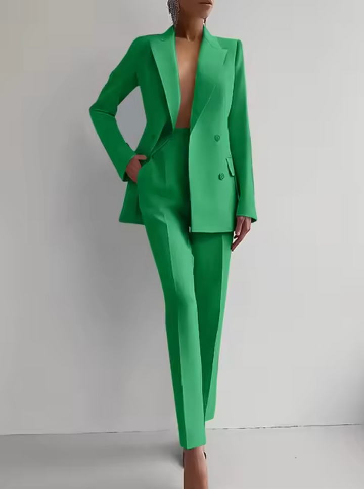 Women's tailored blazer pantsuit, full front view, sleek design with premium fit, ideal for business meetings and formal even