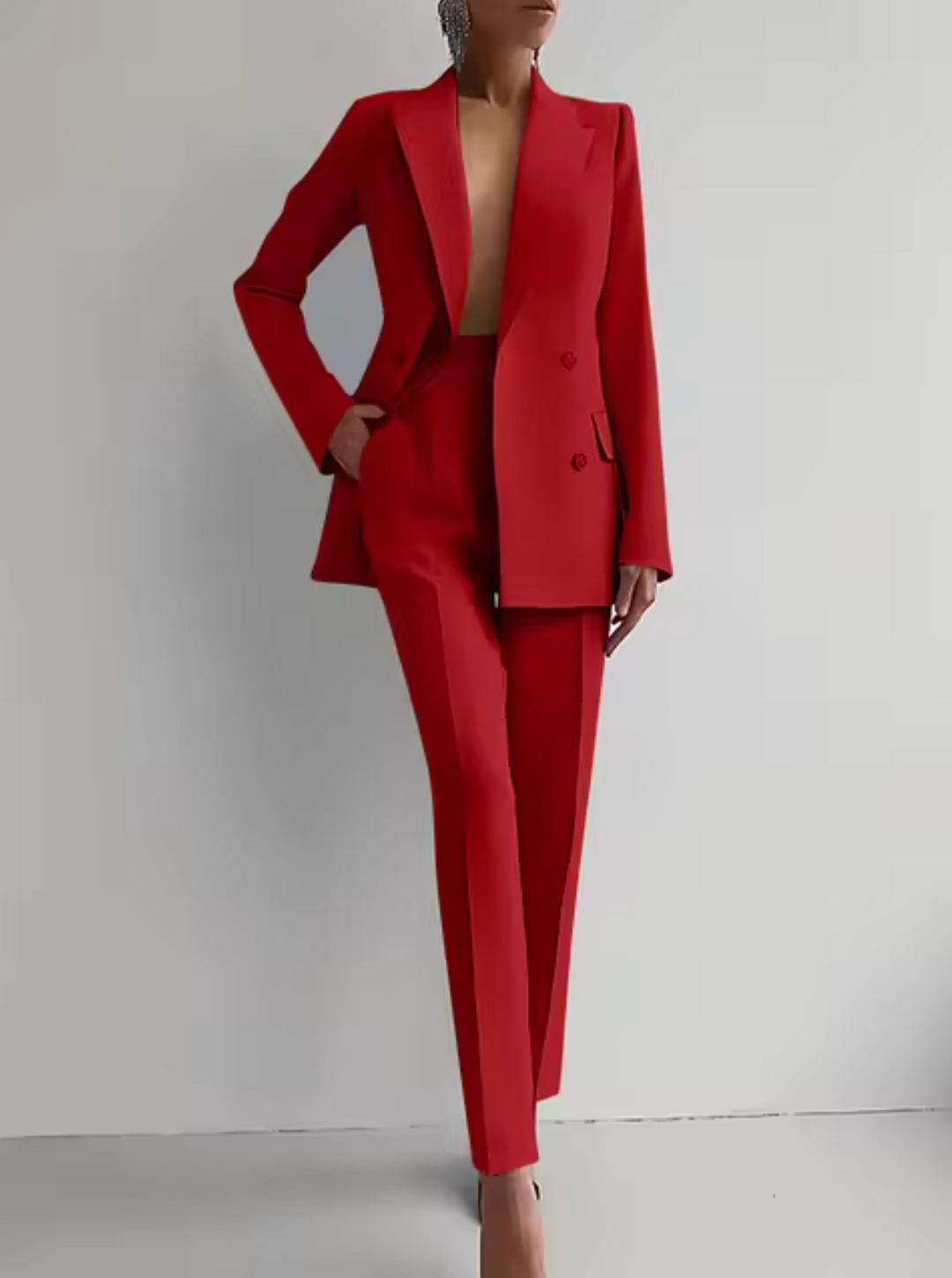 Women's tailored blazer pantsuit, full front view, sleek design with premium fit, ideal for business meetings and formal even