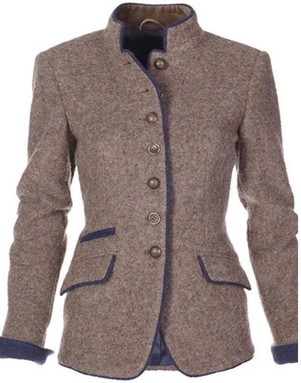 Women's tailored wool blend blazer jacket with stand collar, featuring sleek contrast piping, ideal for chic and formal wear.
