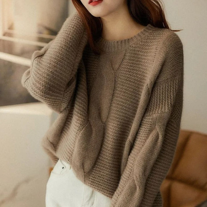"Women's ultra-soft hand-knit cotton sweater, cosy & stylish, in brown or khaki, perfect for versatile, warm outfits."