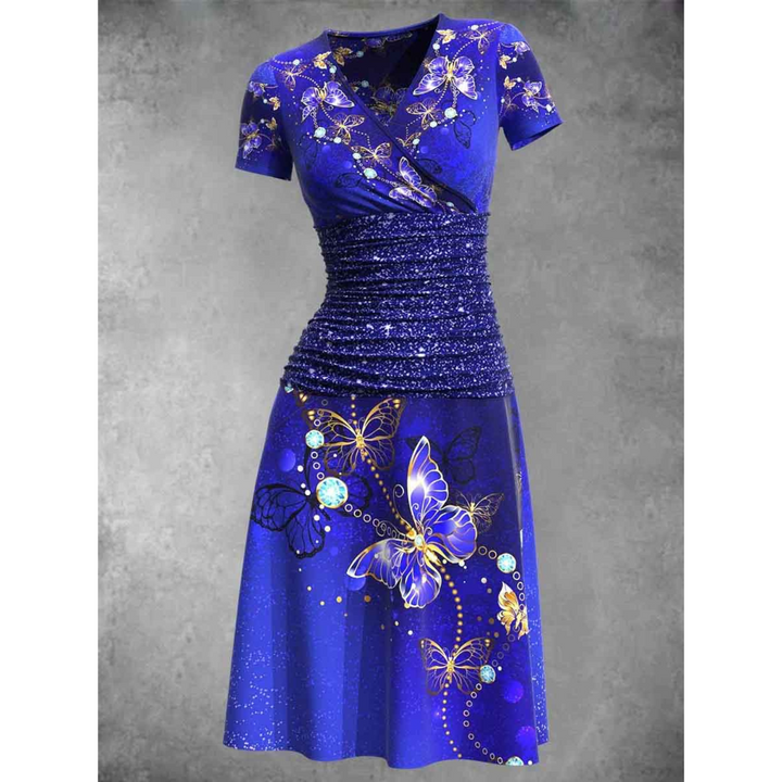 "Women's V-Neck A-Line Dress with Butterfly Print, short sleeves, ruched waist for chic silhouette and comfort, front view."
