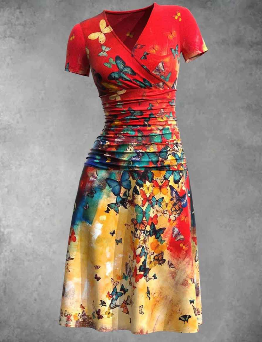 "Women's V-Neck A-Line Dress with Butterfly Print, short sleeves, ruched waist for chic silhouette and comfort, front view."