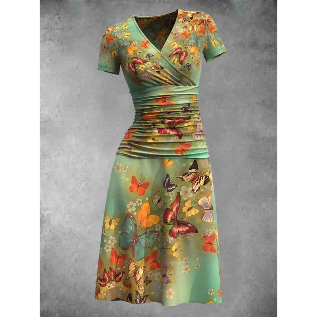 "Women's V-Neck A-Line Dress with Butterfly Print, short sleeves, ruched waist for chic silhouette and comfort, front view."
