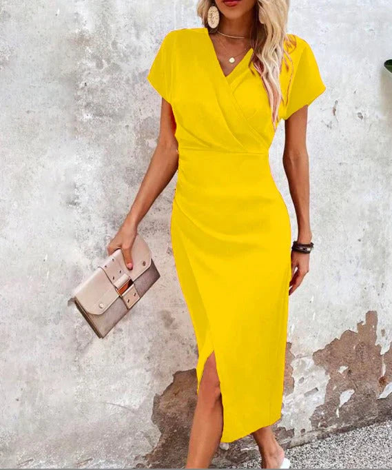 "Women's V-Neck Bodycon Midi Dress with front split, elegant silhouette, chic sleeveless design, day-to-night fashion."