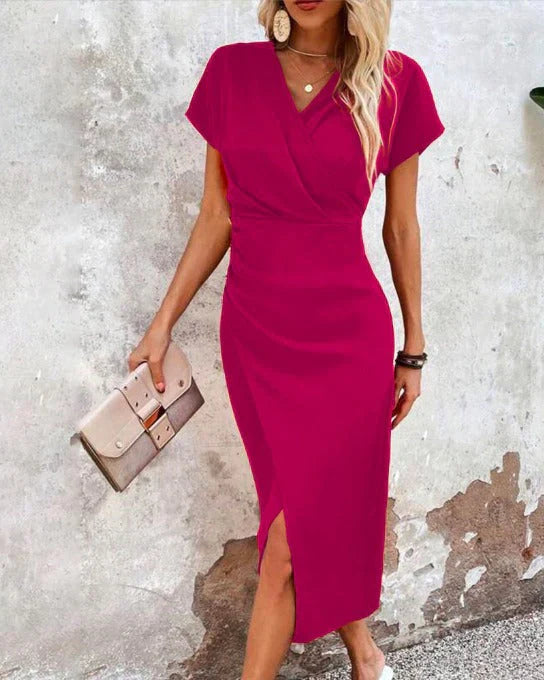 "Women's V-Neck Bodycon Midi Dress with front split, elegant silhouette, chic sleeveless design, day-to-night fashion."