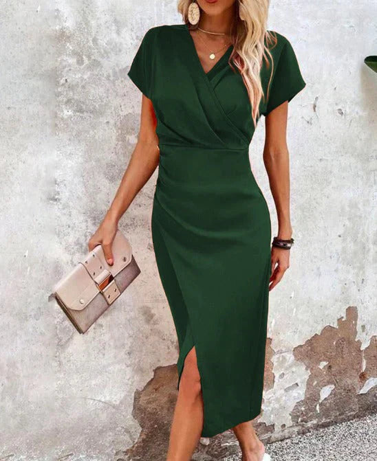 "Women's V-Neck Bodycon Midi Dress with front split, elegant silhouette, chic sleeveless design, day-to-night fashion."
