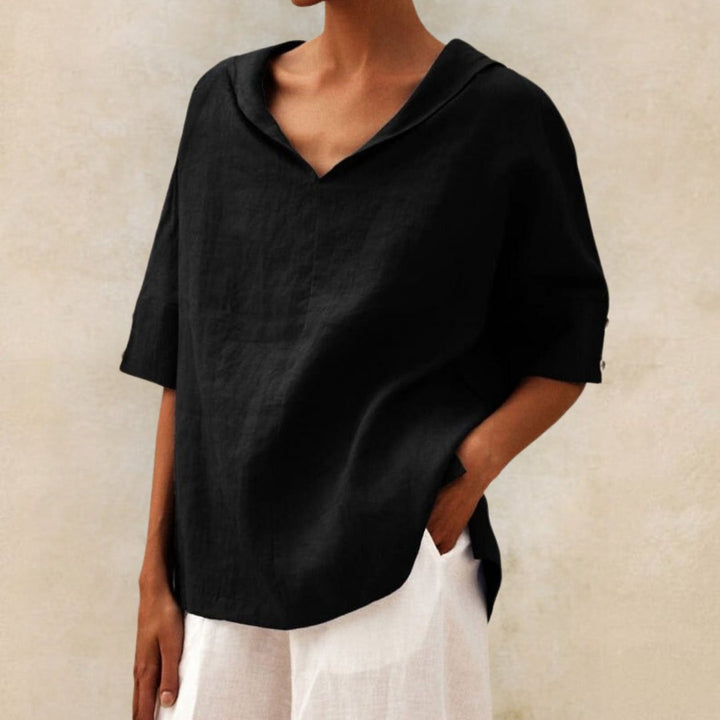 Women's V-neck casual linen shirt with relaxed fit, classic design, lightweight fabric, perfect for versatile styling.