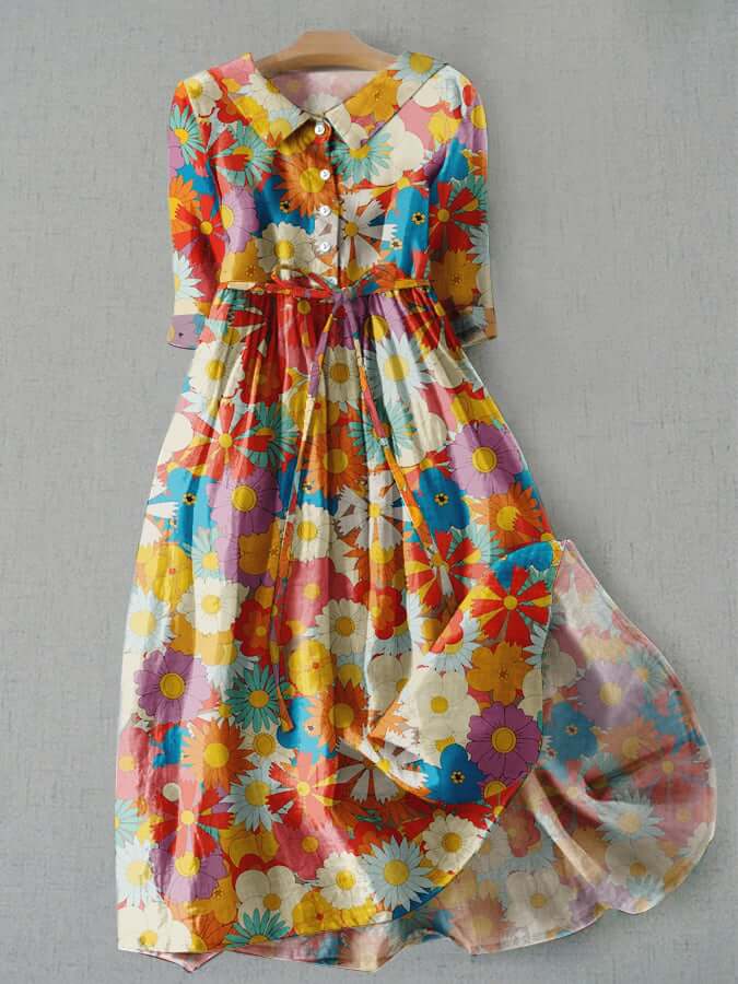 Women's V-Neck Floral Print Tie Loose Dress, 3/4 sleeves, cotton blend, mixed prints, V-neckline, elegant and comfortable.