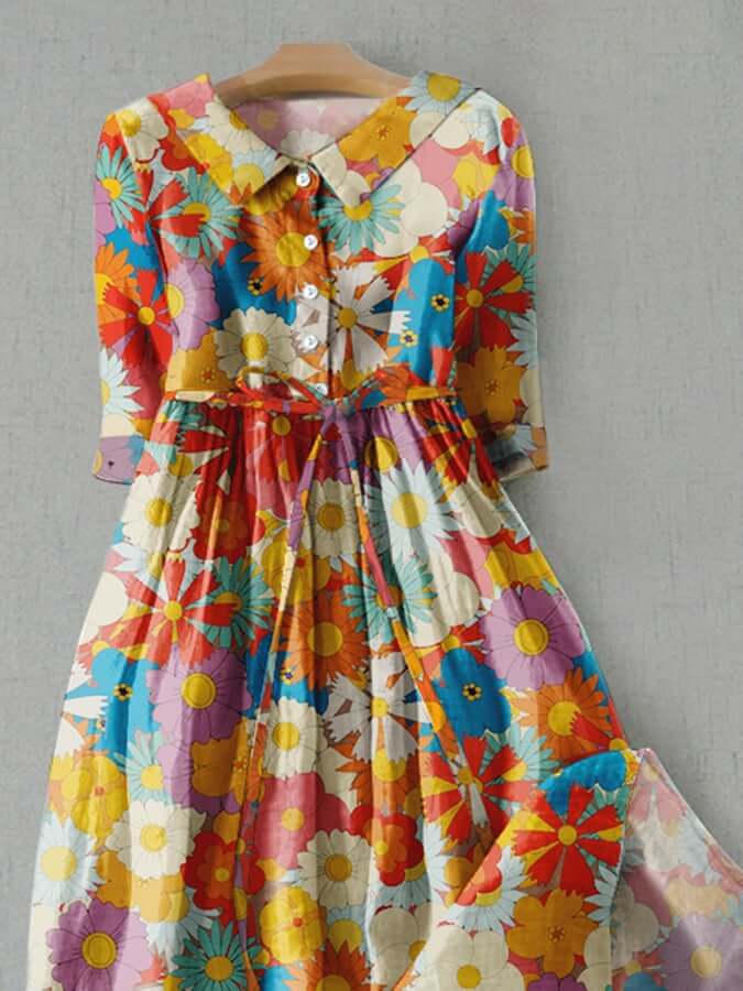 Women's V-Neck Floral Print Tie Loose Dress, 3/4 sleeves, cotton blend, mixed prints, V-neckline, elegant and comfortable.