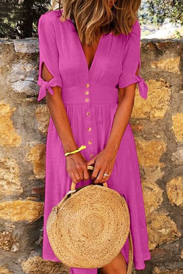 "Women's V-Neck Midi Dress, button-down, short tie-cuff sleeves, lightweight fabric, chic summer design for casual occasions.