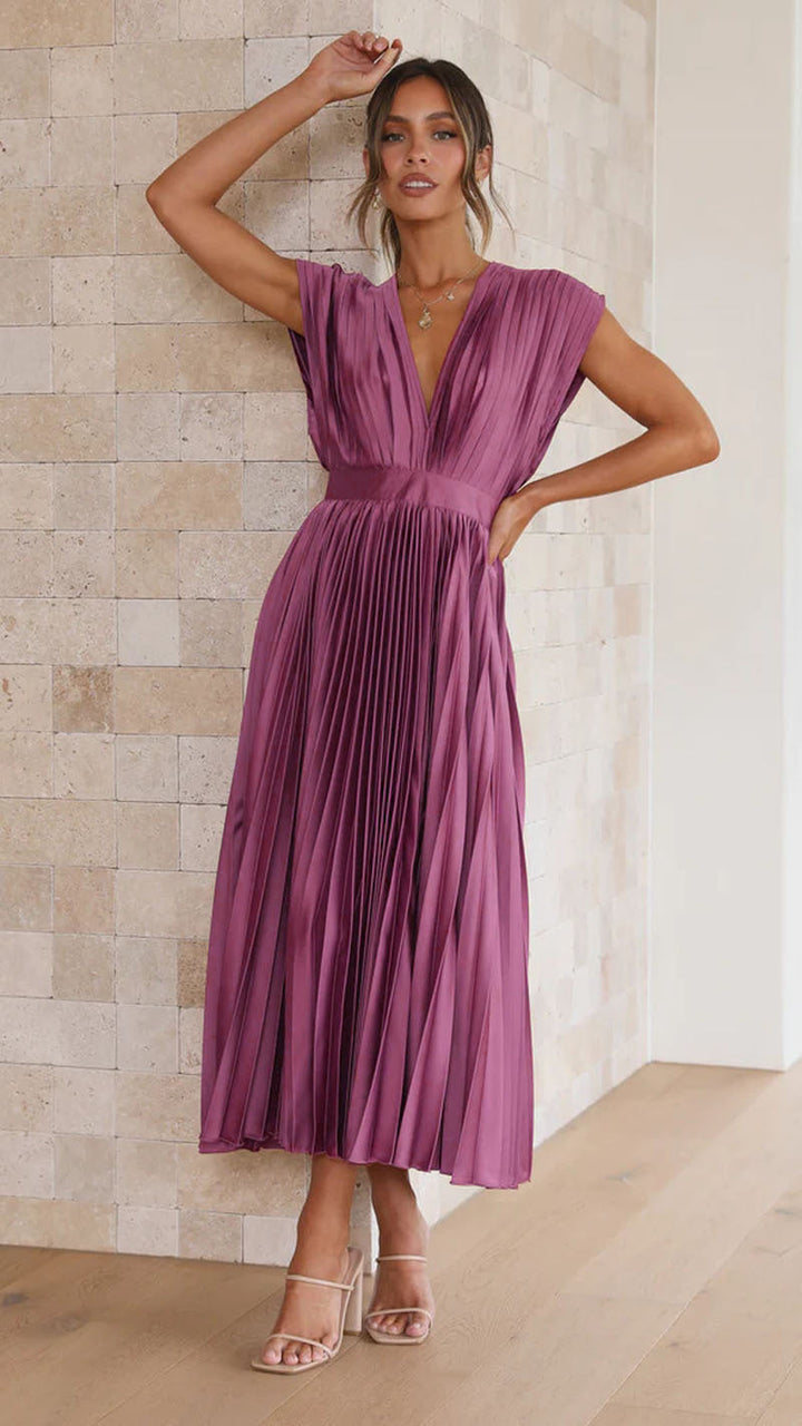 "Women's V-neck sleeveless pleated maxi dress; elegant flowing silhouette for formal events."