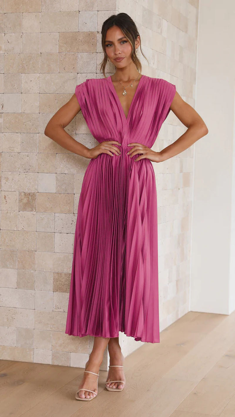 "Women's V-neck sleeveless pleated maxi dress; elegant flowing silhouette for formal events."