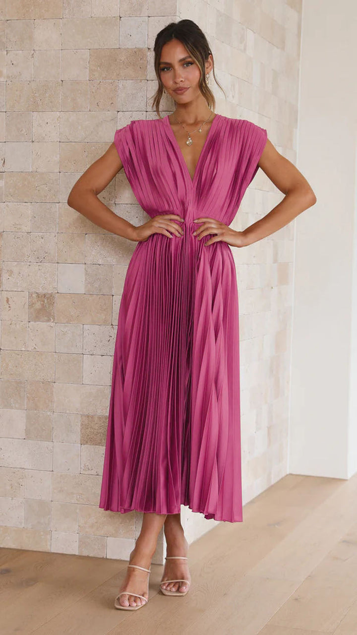 "Women's V-neck sleeveless pleated maxi dress; elegant flowing silhouette for formal events."