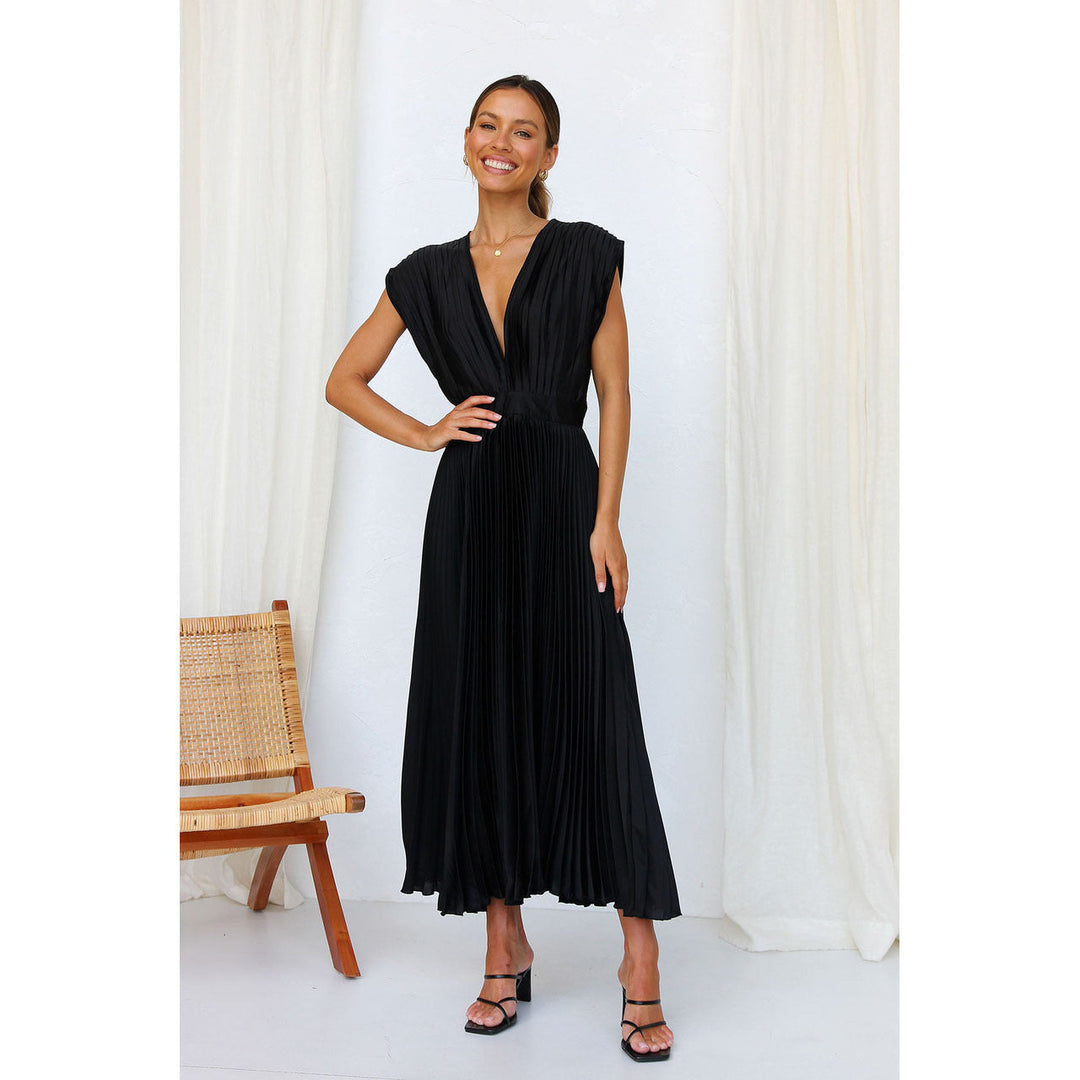 "Women's V-neck sleeveless pleated maxi dress; elegant flowing silhouette for formal events."