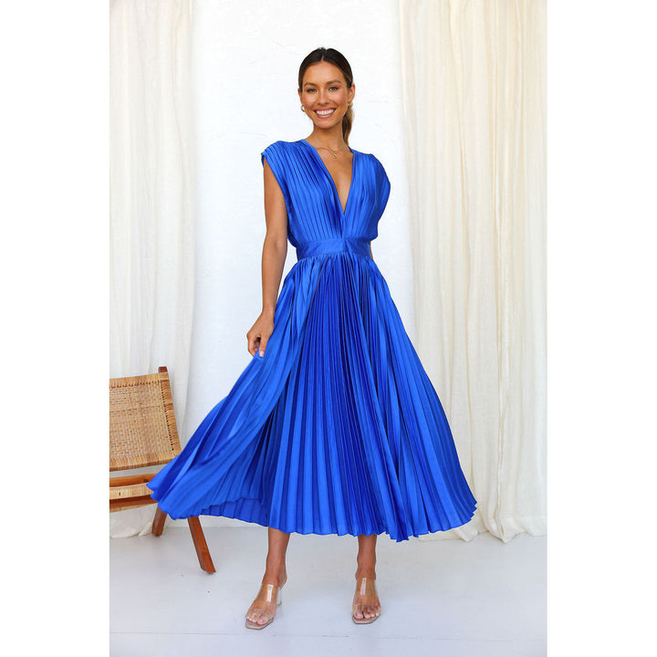 "Women's V-neck sleeveless pleated maxi dress; elegant flowing silhouette for formal events."