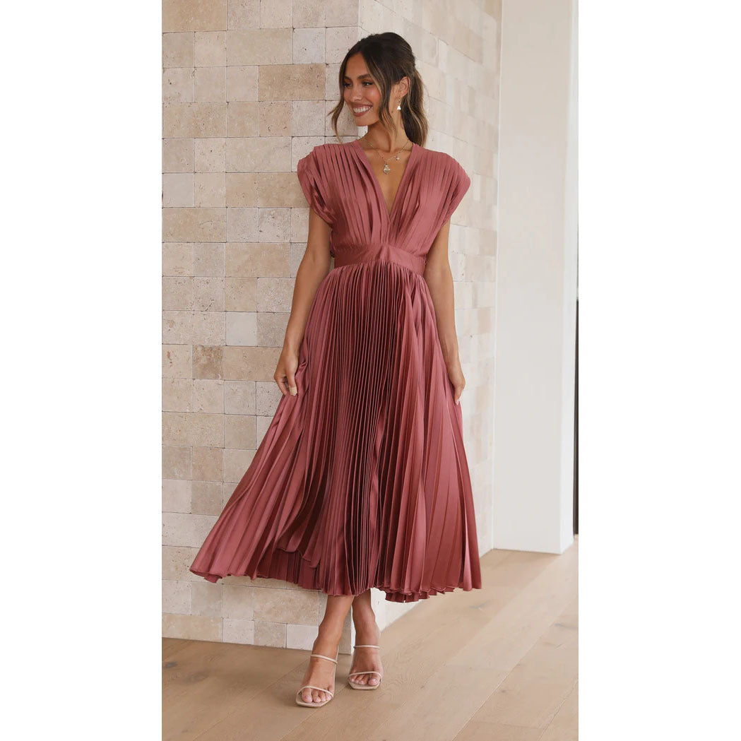 "Women's V-neck sleeveless pleated maxi dress; elegant flowing silhouette for formal events."