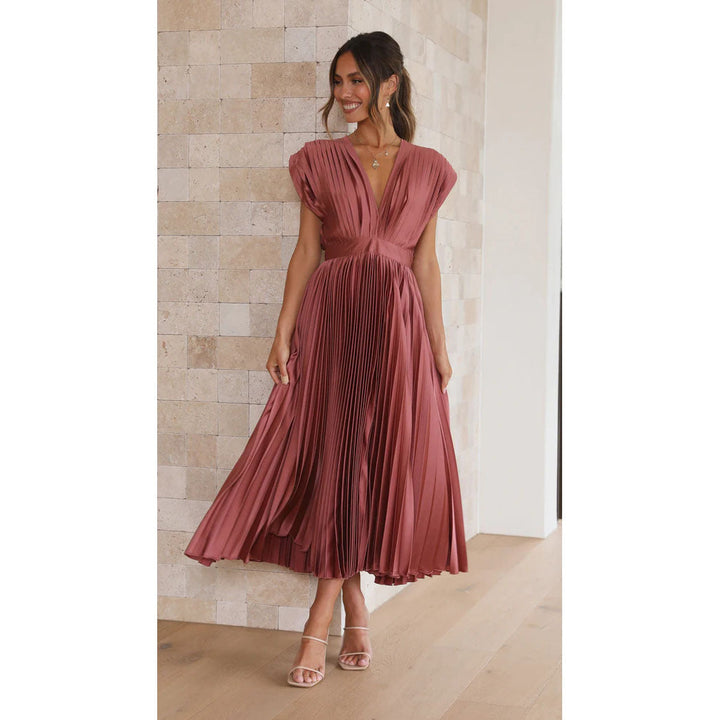 "Women's V-neck sleeveless pleated maxi dress; elegant flowing silhouette for formal events."