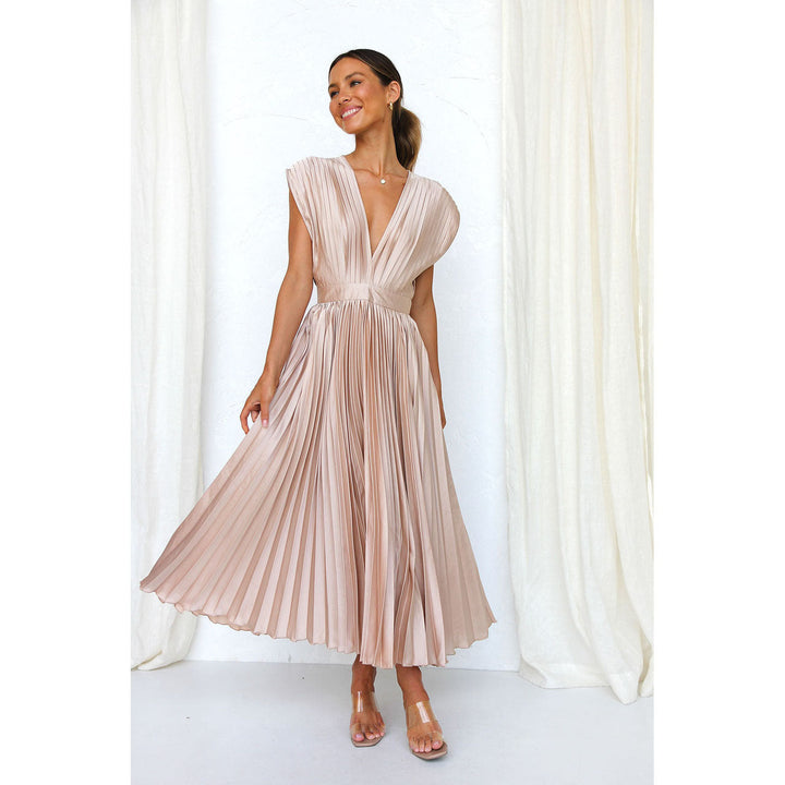 "Women's V-neck sleeveless pleated maxi dress; elegant flowing silhouette for formal events."