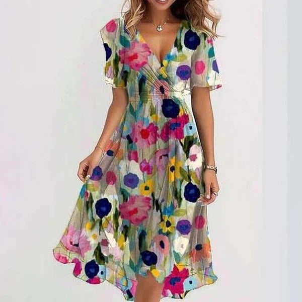 Women's V-neck wrap dress with flutter sleeves, cinched waist, and A-line silhouette in pastel hues; perfect for any occasion