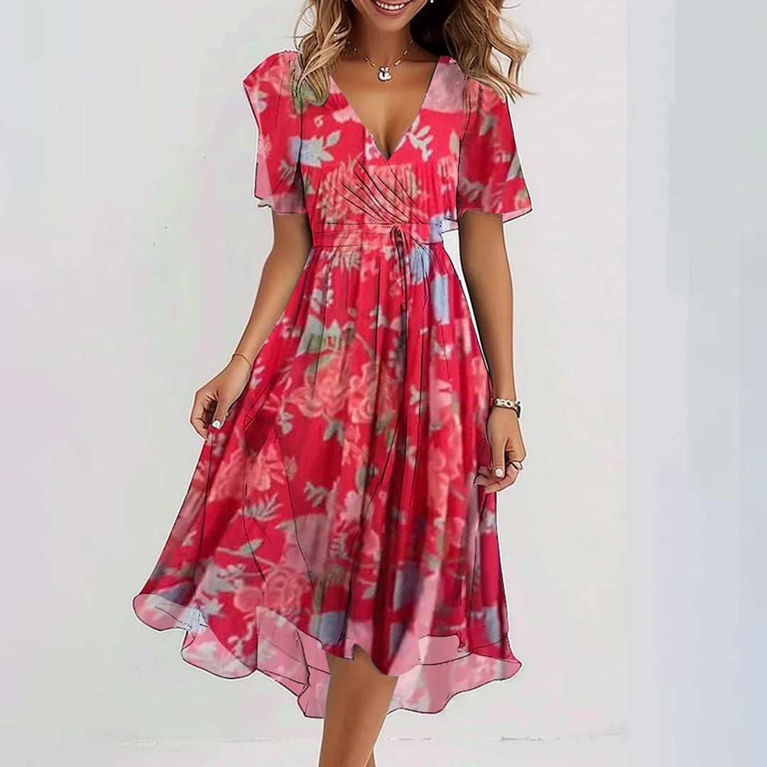 Women's V-neck wrap dress with flutter sleeves, cinched waist, and A-line silhouette in pastel hues; perfect for any occasion