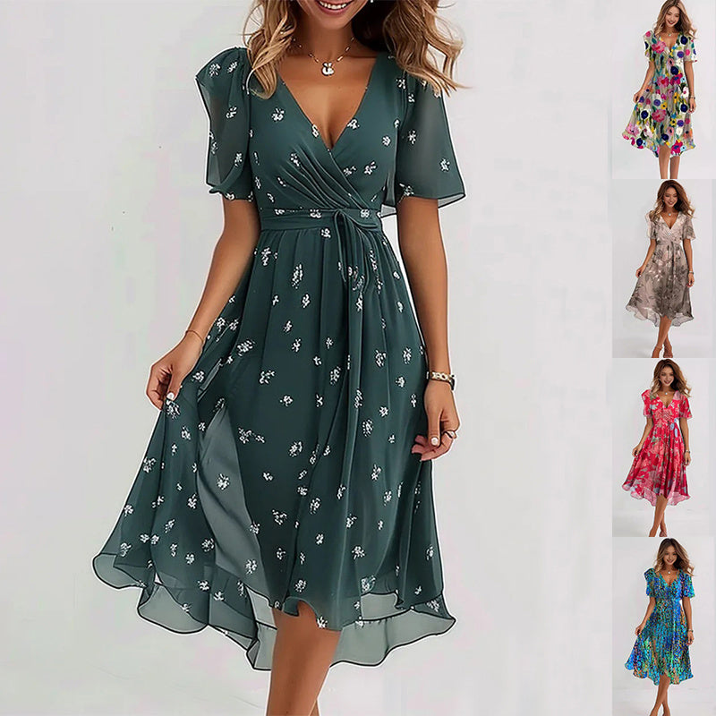 Women's V-neck wrap dress with flutter sleeves, cinched waist, and A-line silhouette in pastel hues; perfect for any occasion