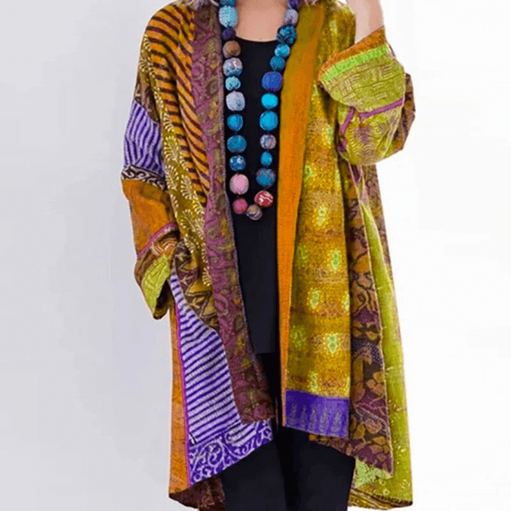 "Women's vibrant cardigan, modern-vintage style, colorful patterns, silky fabric, classic and modern fusion, front view."