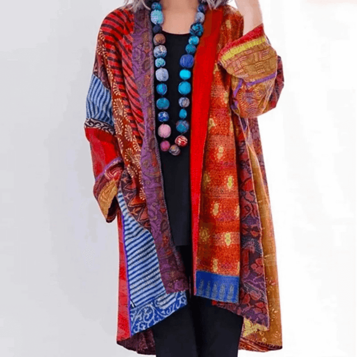"Women's vibrant cardigan, modern-vintage style, colorful patterns, silky fabric, classic and modern fusion, front view."