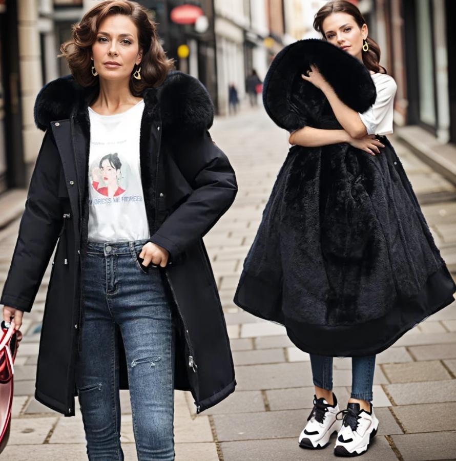 Women's warm waterproof winter coat, modern fit, sleek design, with hood and adjustable cuffs for wet conditions.