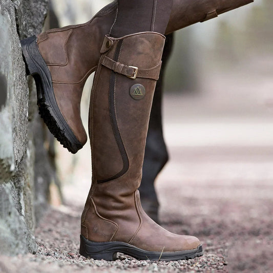 Women's waterproof all-weather winter boots; mid-calf design, brown, insulated, durable non-slip sole, ideal for harsh condit