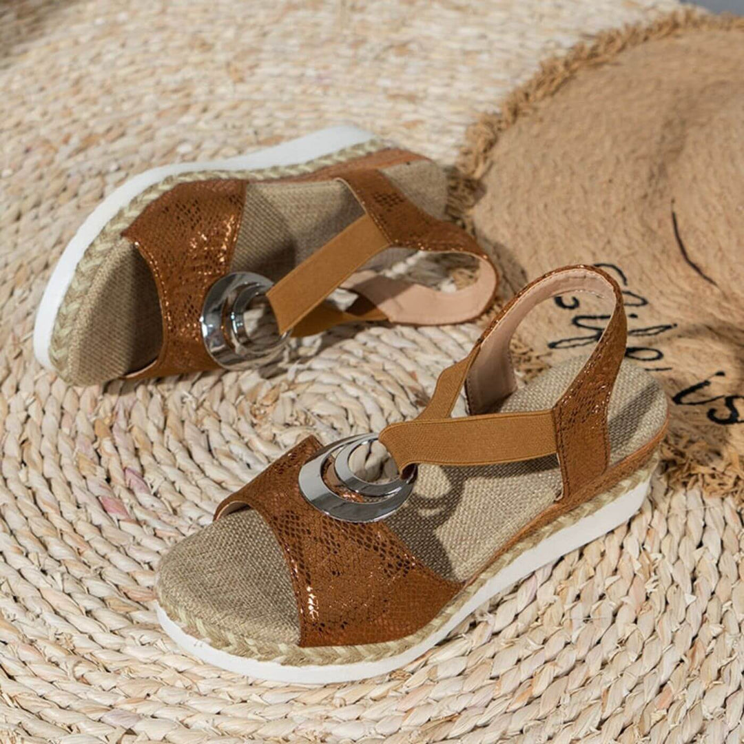 "Women's wedge sandals with elastic strap, open-toe design, arch support, decorative embellishments, ideal for casual wear."