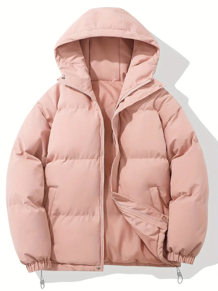 Women's winter jacket with hood, premium filling, timeless style, perfect for casual and formal, elegant classic look.